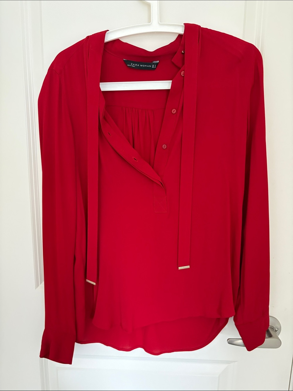 Zara Cherry Red Tie-Neck Long Sleeve Blouse